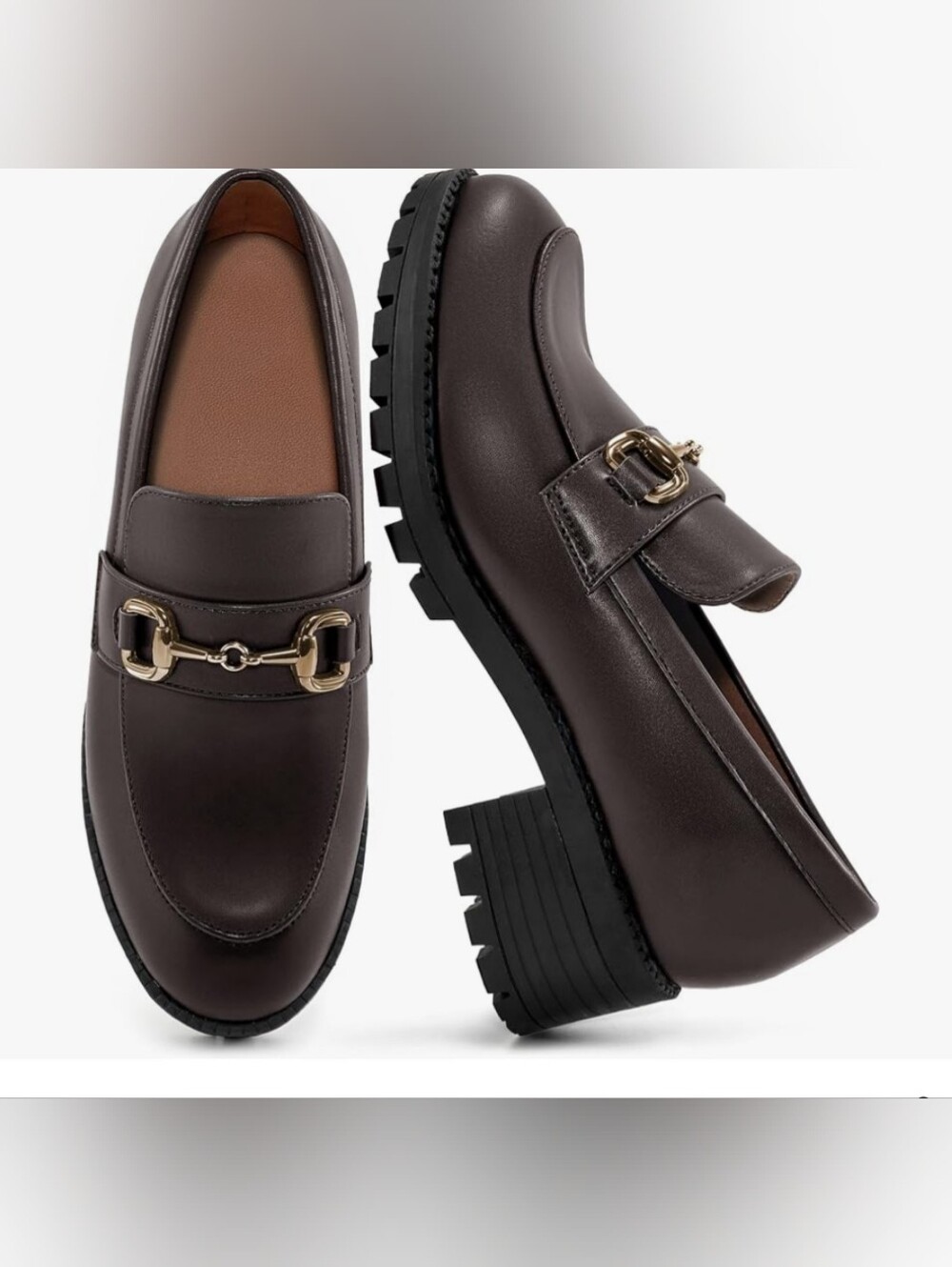 Classic Brown Leather Lug-Soled Loafers with Metal Buckle Super Comfortable